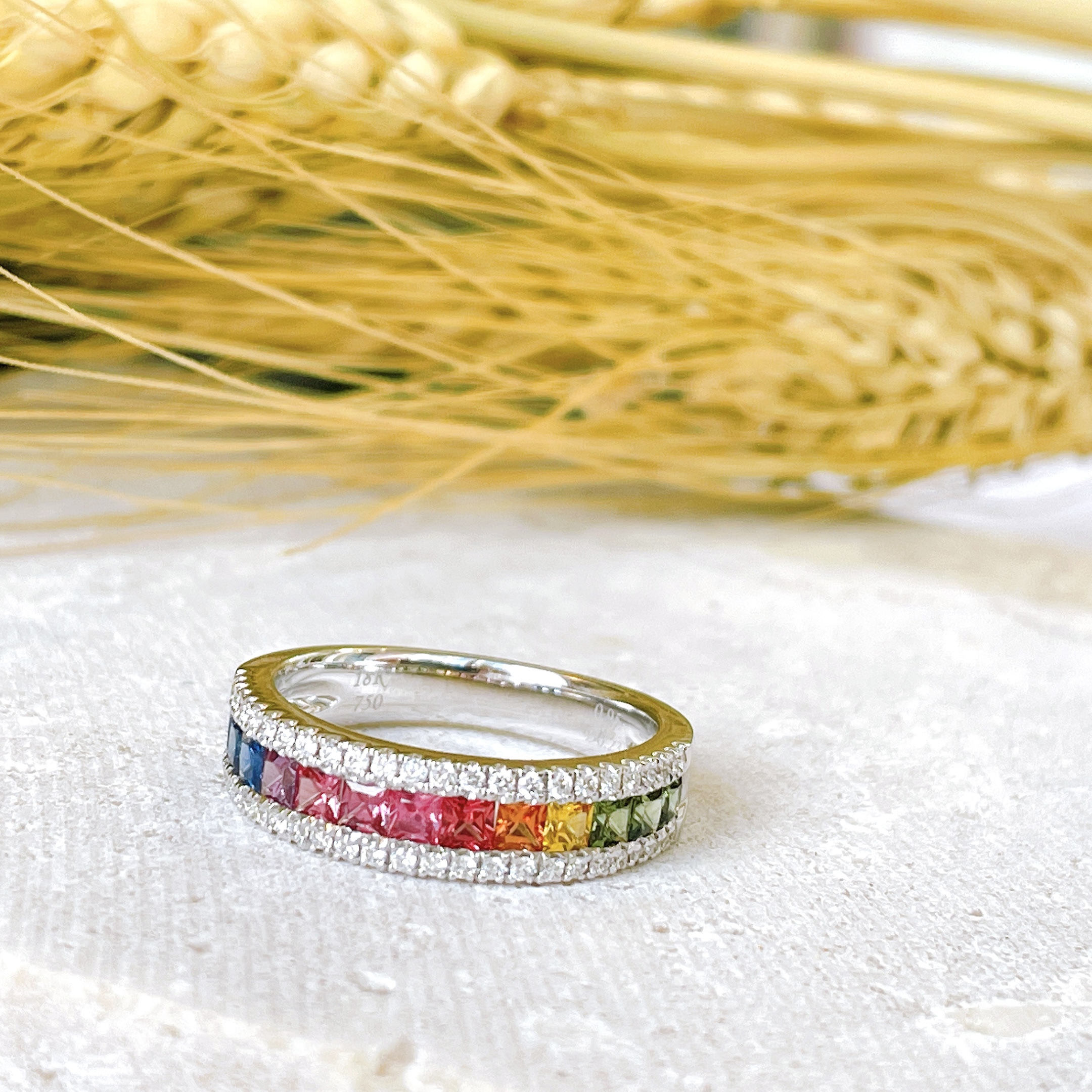 18K金彩虹藍寶石鑽石戒指 -單行