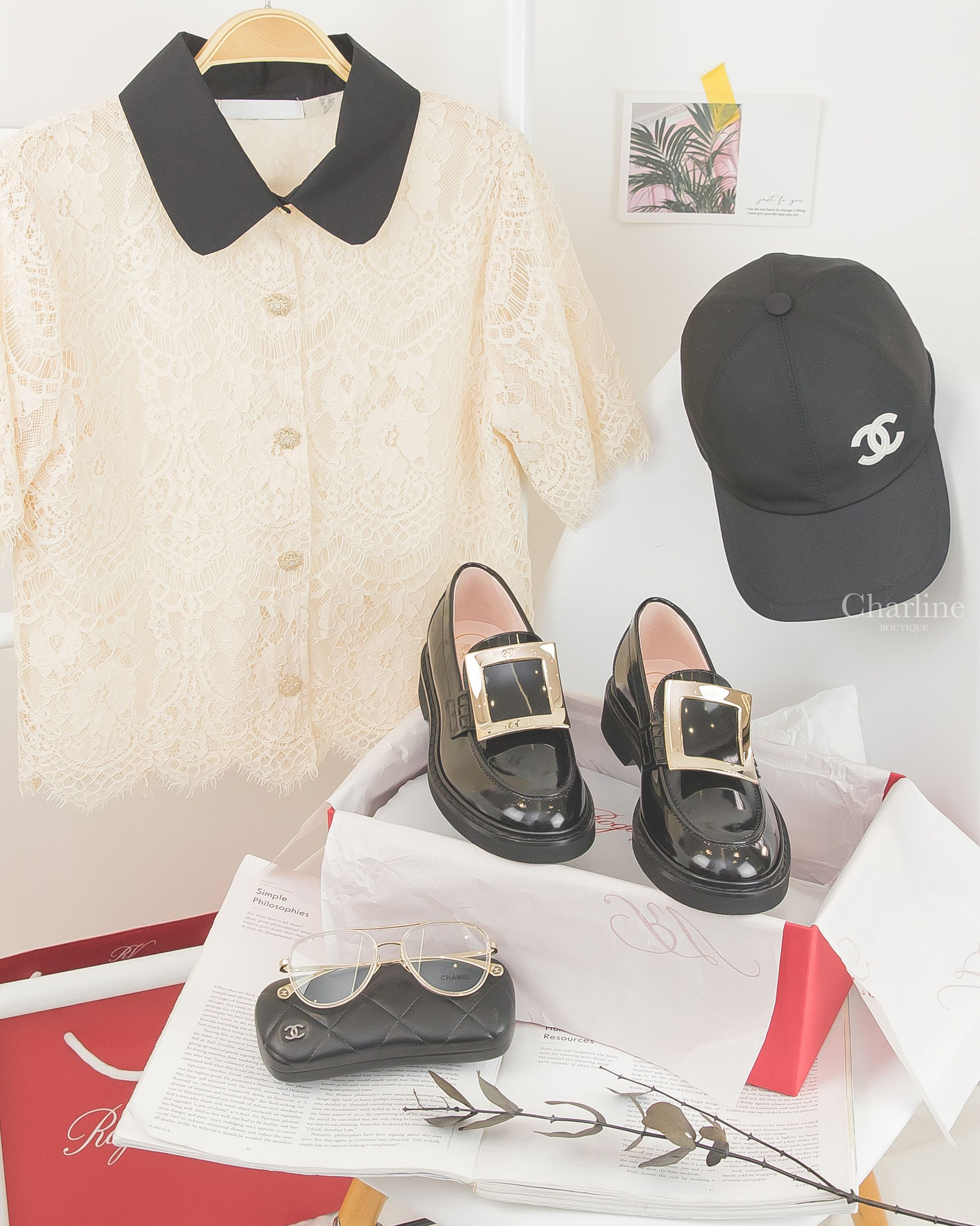 Roger Vivier Loafers 黑色皮革淡金色方釦樂福鞋,Chanel Baseball Cap 黑色刺繡白CC棉質棒球帽,Chanel Pilot Eyeglasses 金色飛行員邊框平光眼鏡-Charline Boutique 精品代購