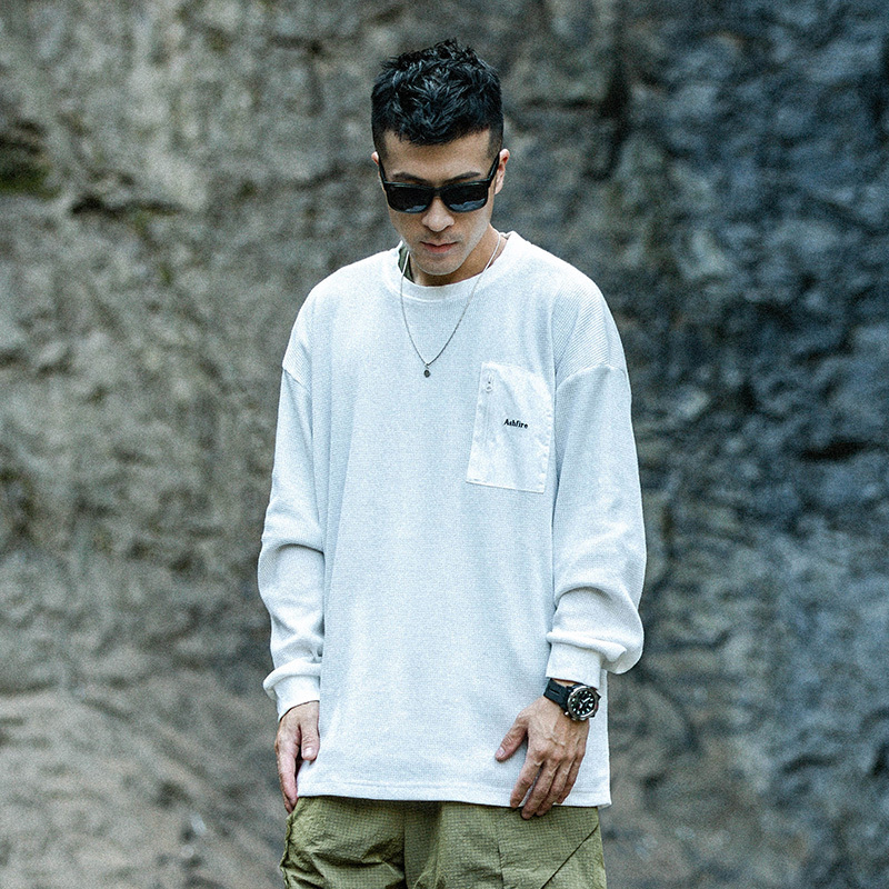 拉鍊口袋華夫格圓領打底衫