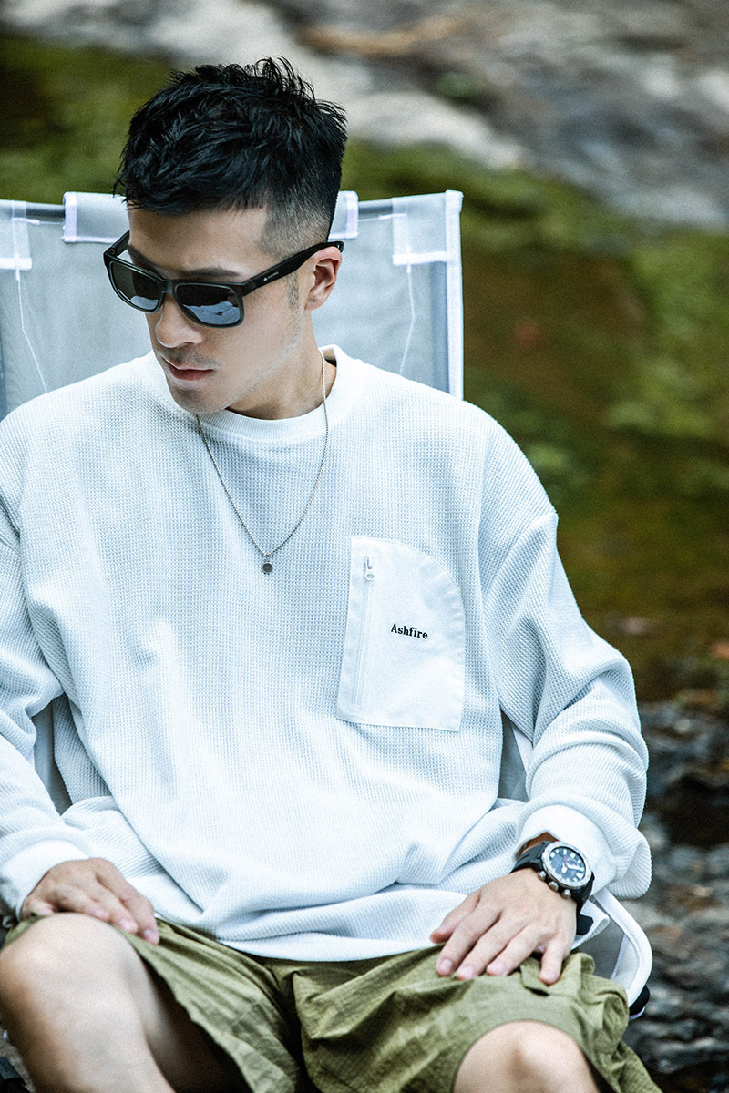 拉鍊口袋華夫格圓領打底衫