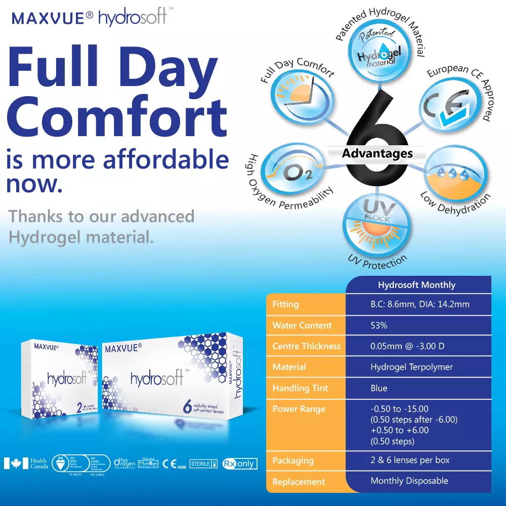 Maxvue Hydrosoft 6pcs/Box Free 2 pcs Monthly Disposable Clear Contact lens -0.50 to -15.00 DS