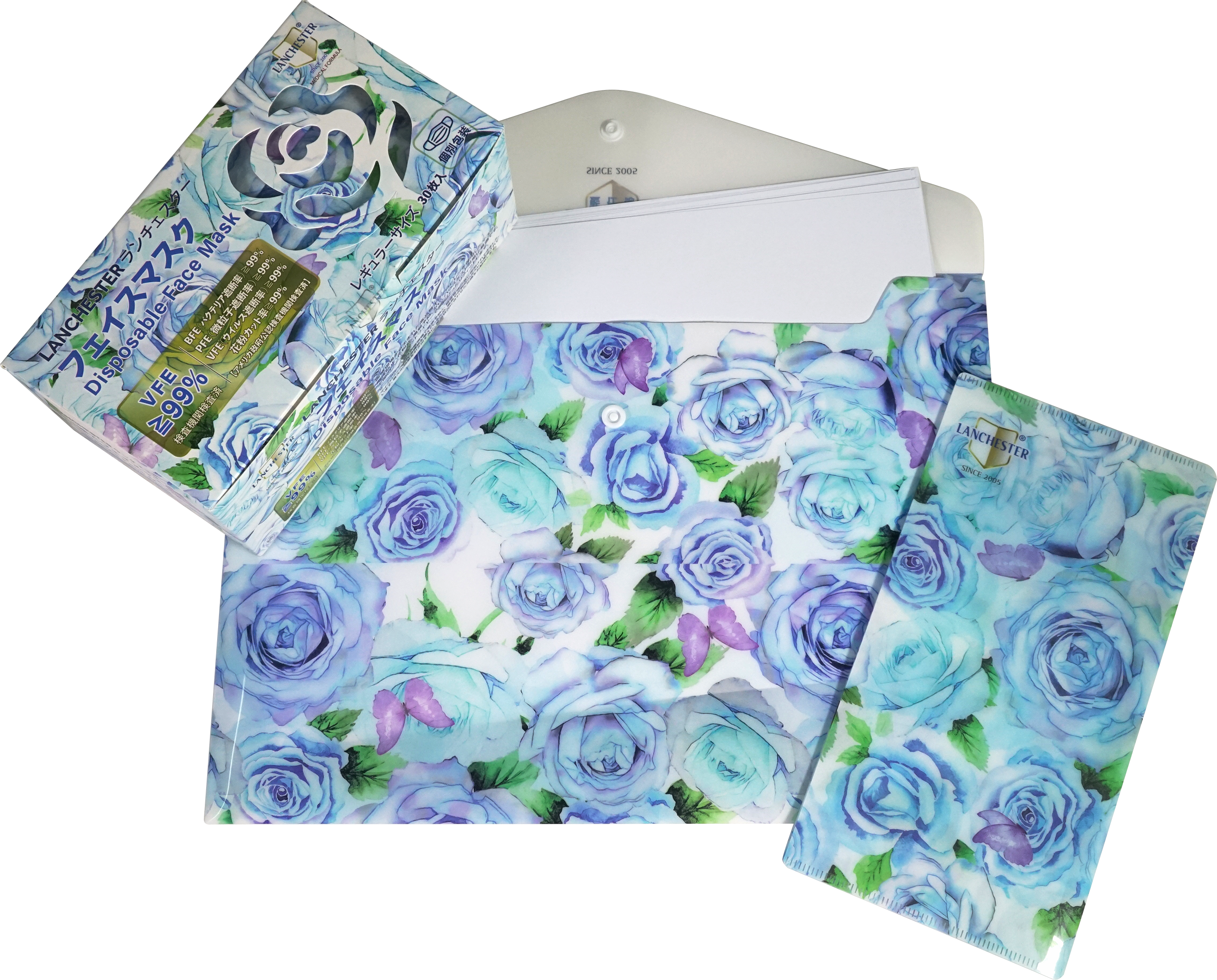 【戀愛物語】 成人三層防護口罩 藍玫瑰三十片獨立包裝 +文件夾+口罩套