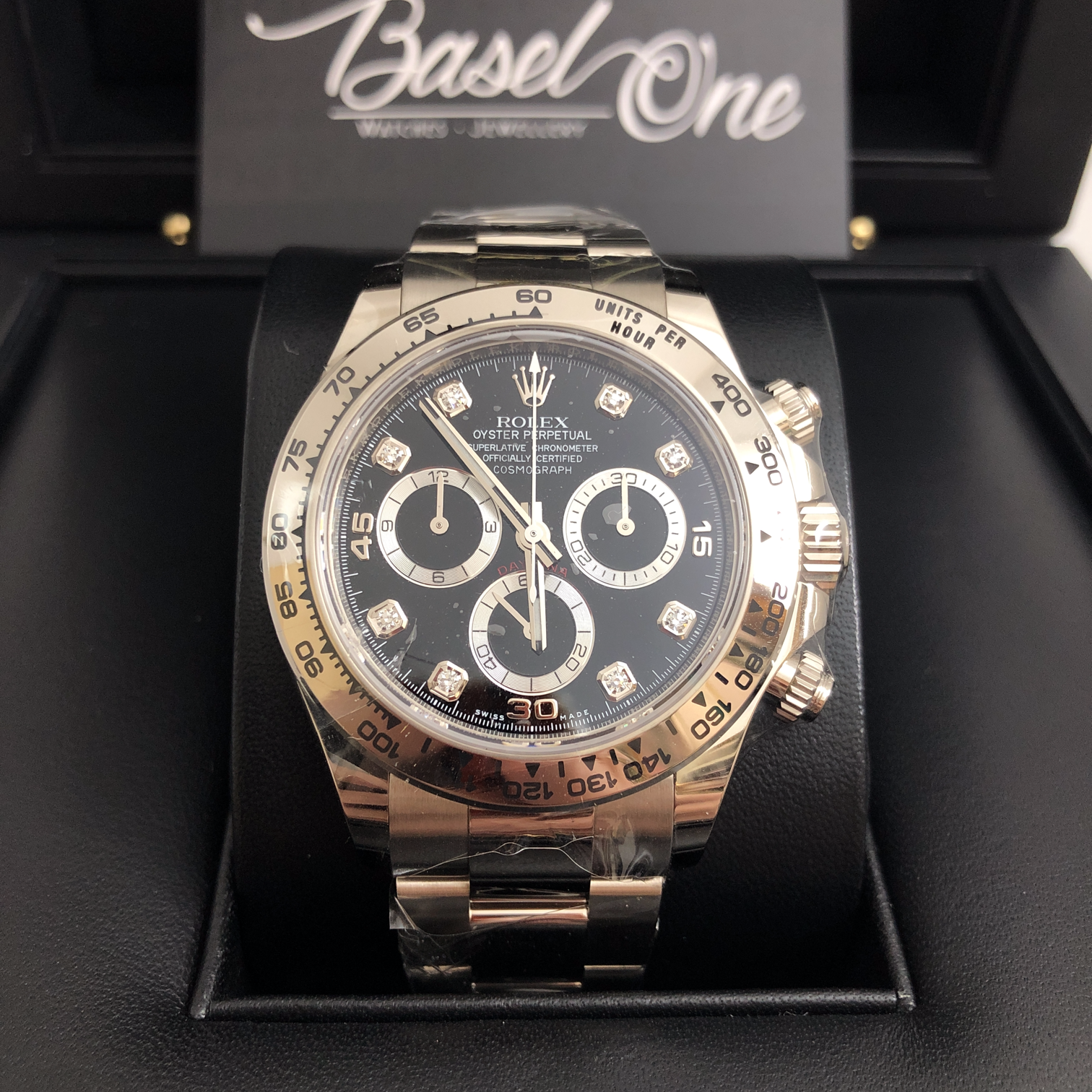 DISCONTINUED BRAND NEW ROLEX 116509 COSMOGRAPH DAYTONA BLACK AND DIAMOND DIAL WHITE GOLD OYSTER 40 MM