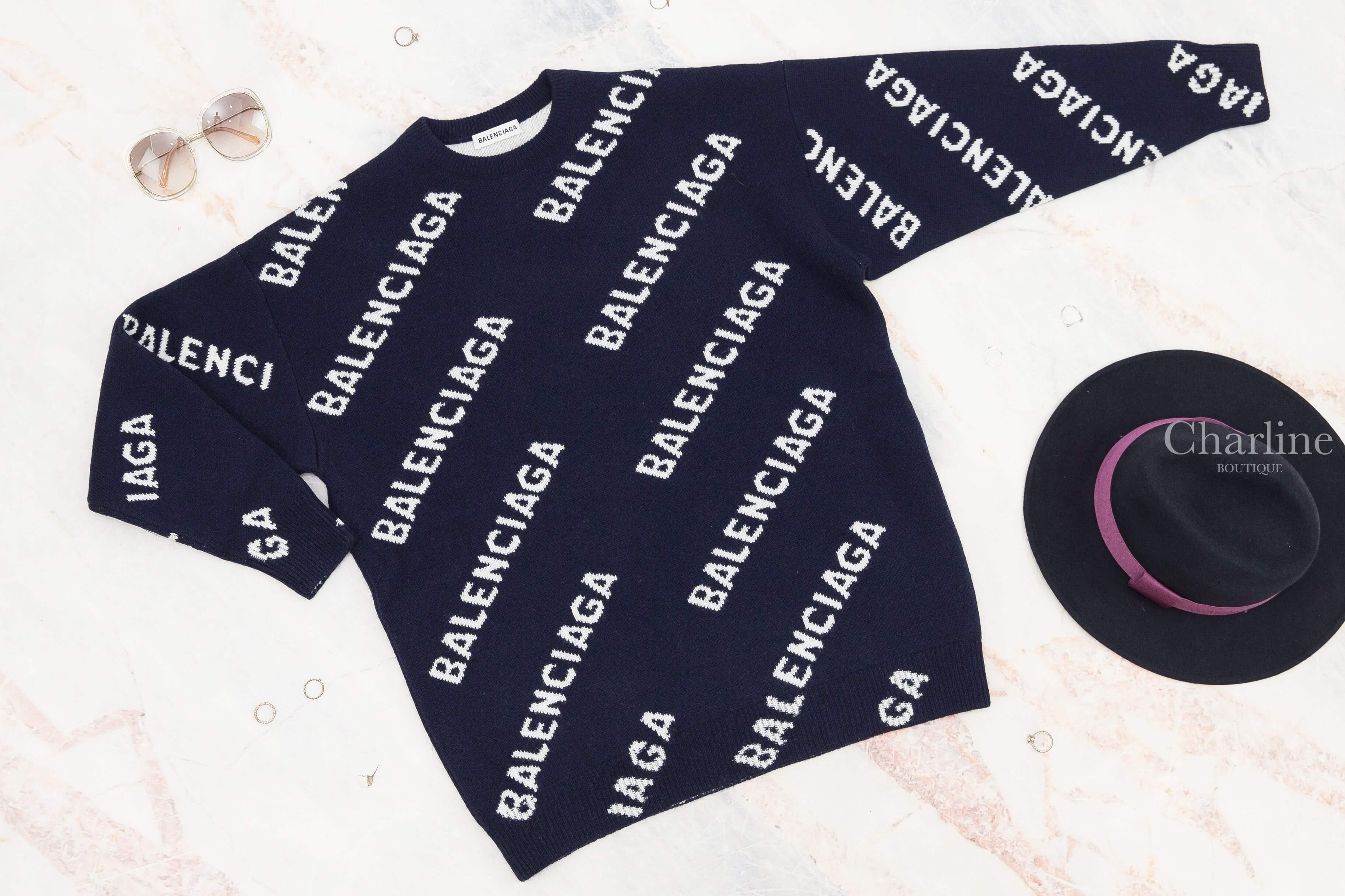 Balenciaga Women's Allover Logo Crewneck In Navy/White 海軍藍滿版白色 Logo 羊毛混紡長版長袖毛衣-Charline Boutique 精品代購