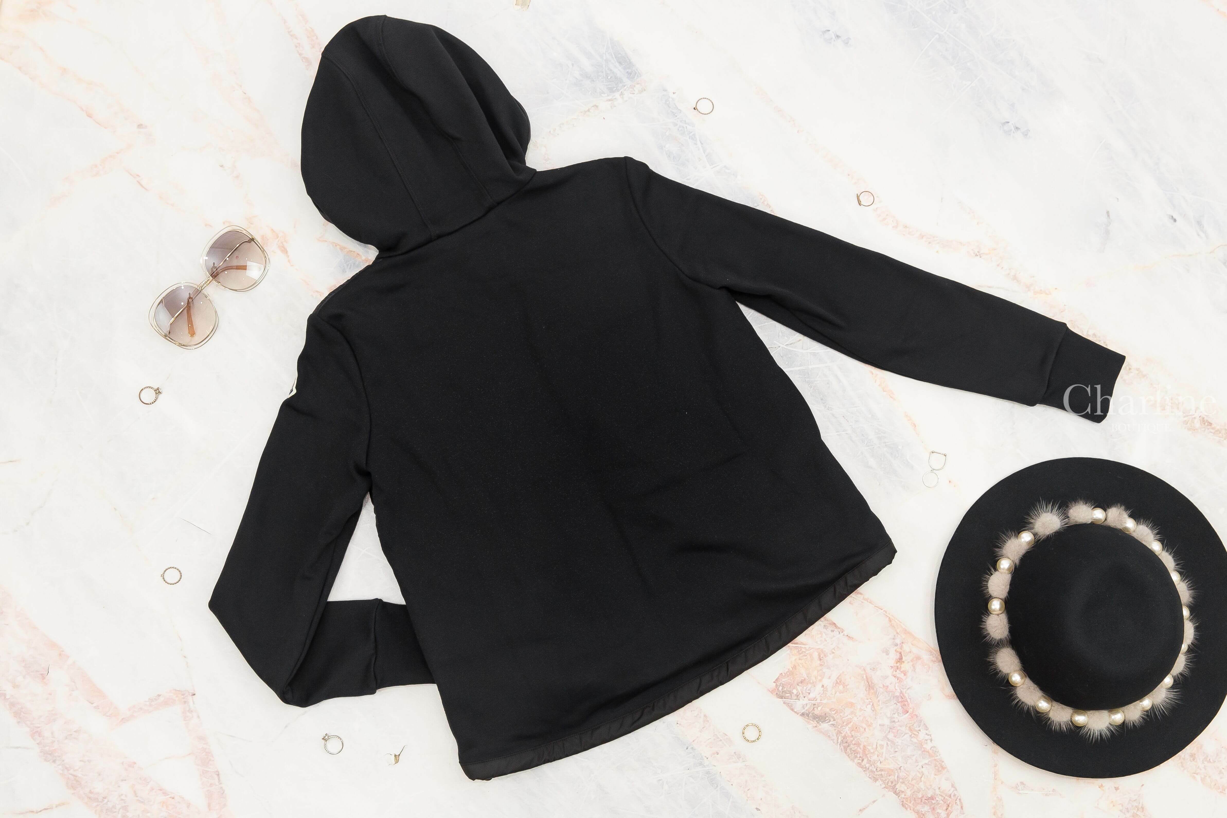 Moncler Maglia Cardigan 黑色拼接棉質連帽拉鍊口袋輕羽絨外套-Charline Boutique 精品代購