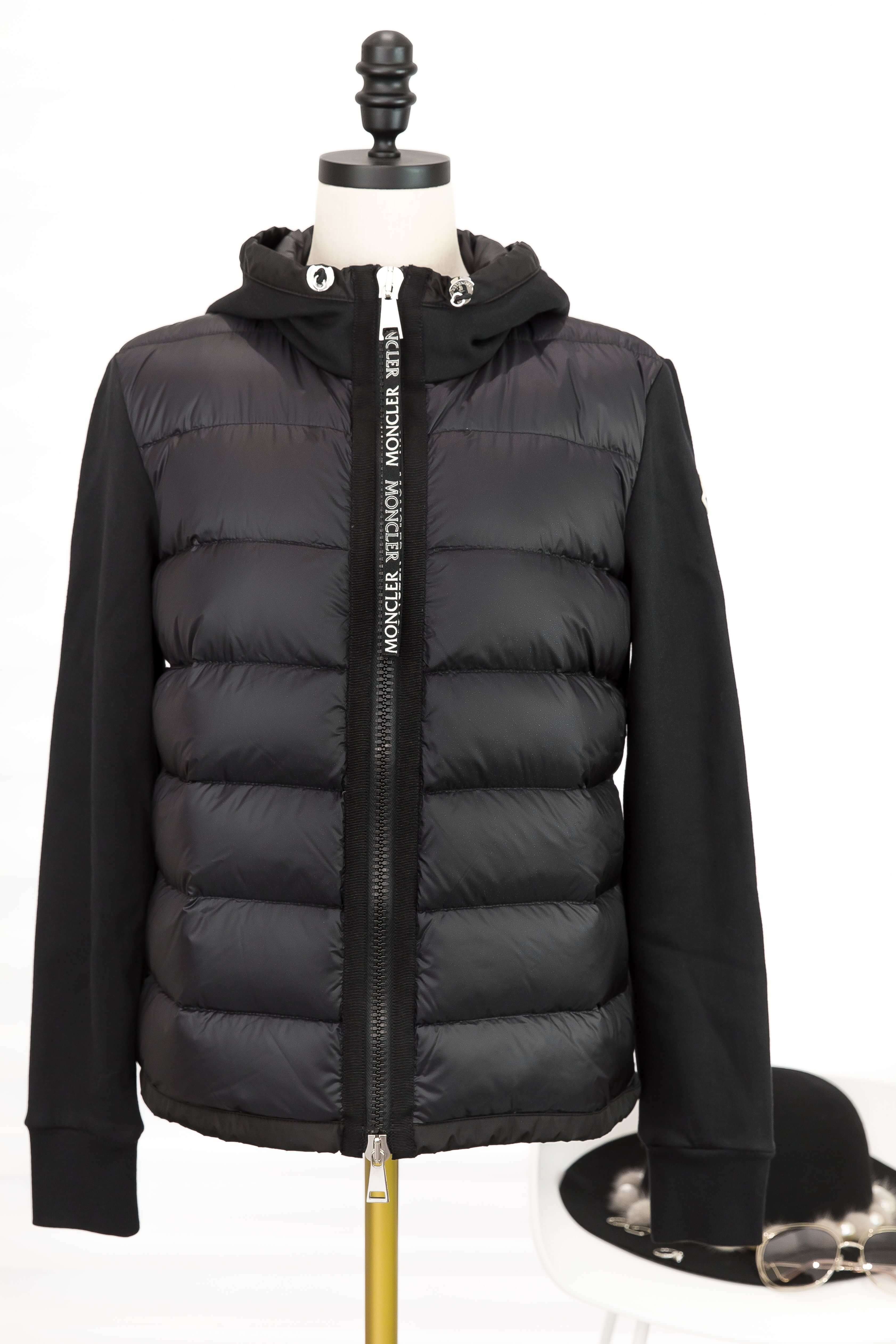 Moncler Maglia Cardigan 黑色拼接棉質連帽拉鍊口袋輕羽絨外套