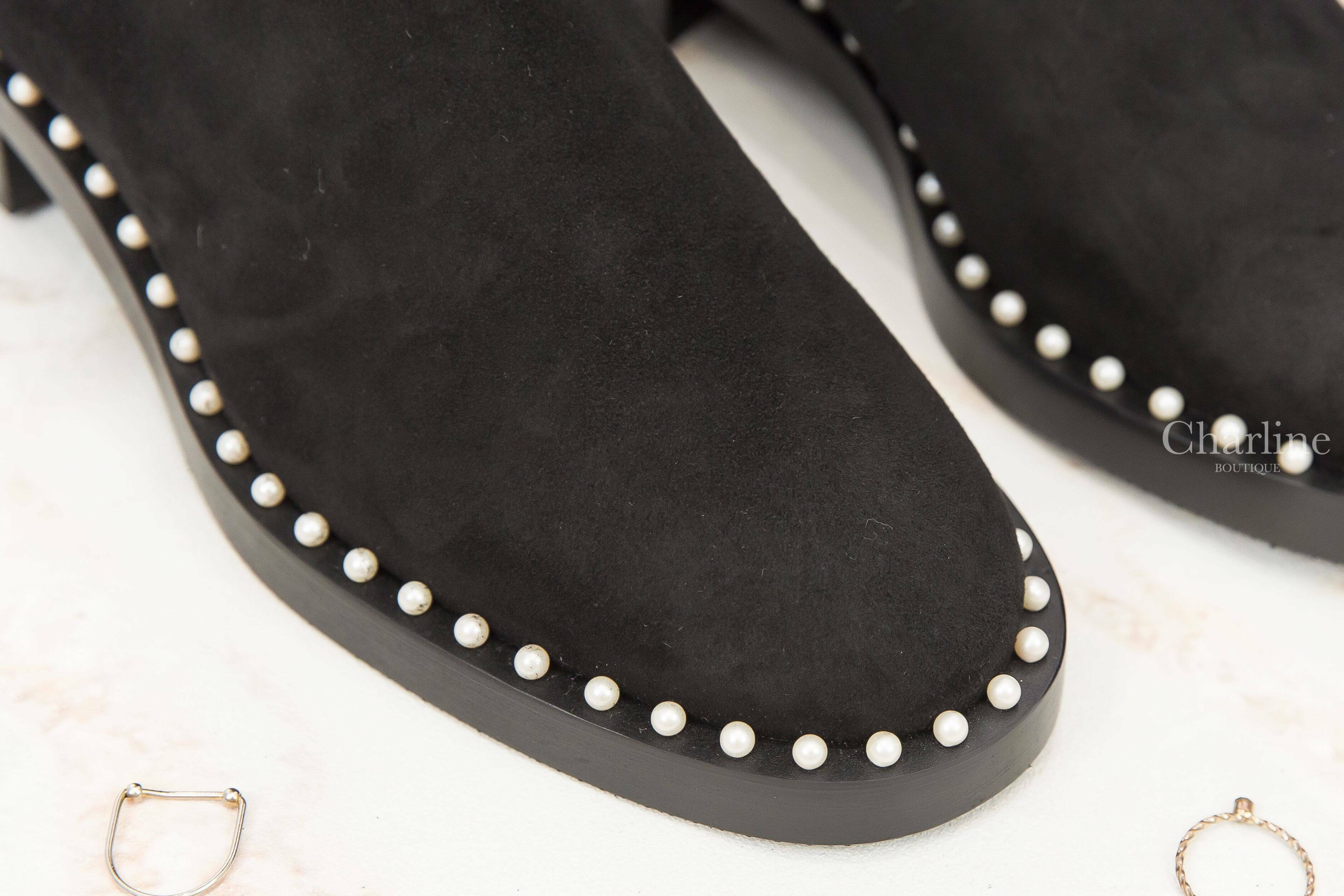 Stuart Weitzman 5050 Pearl 黑色麂皮白色珍珠滾邊低跟長靴
