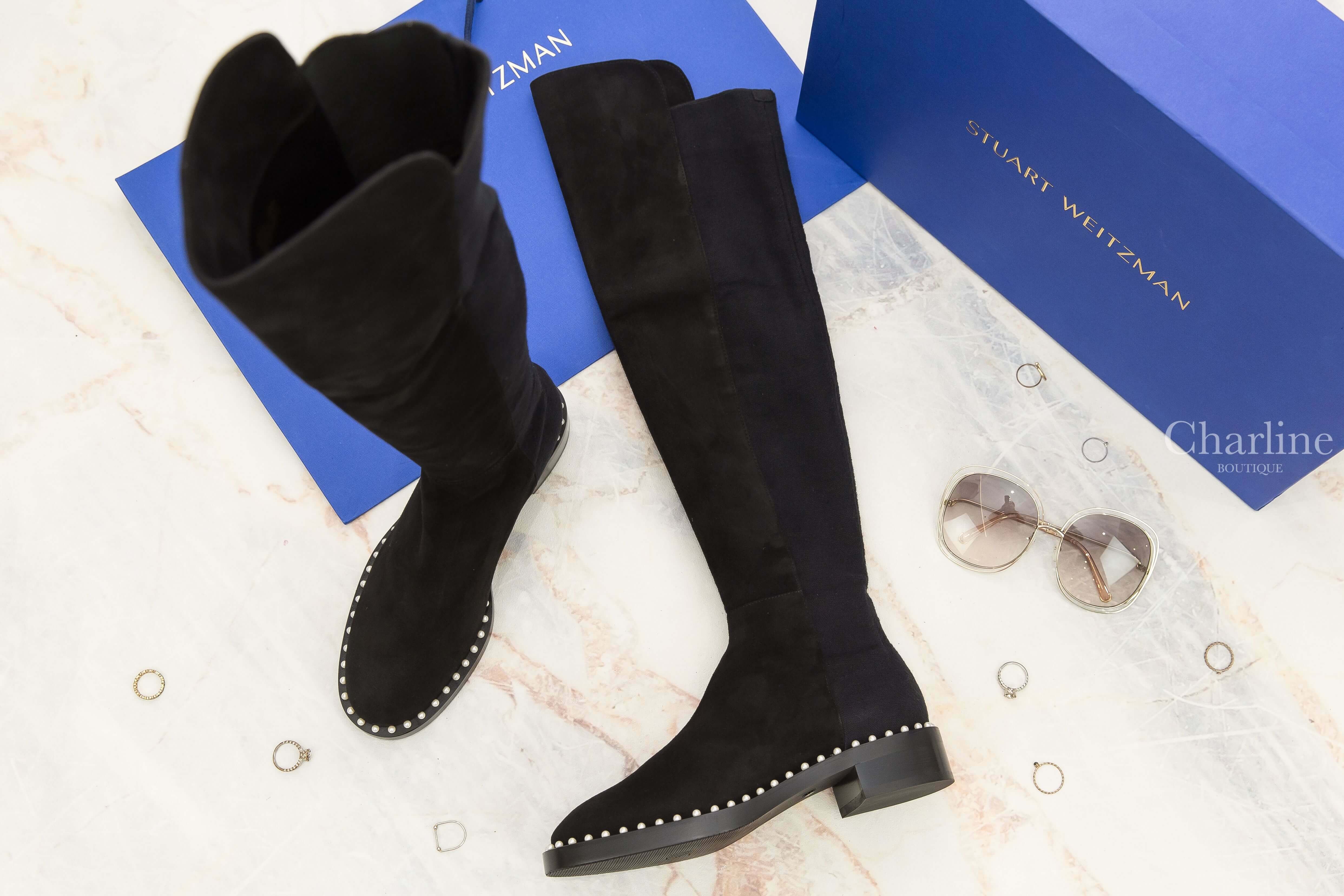 Stuart Weitzman 5050 Pearl 黑色麂皮白色珍珠滾邊低跟長靴-Charline Boutique 精品代購