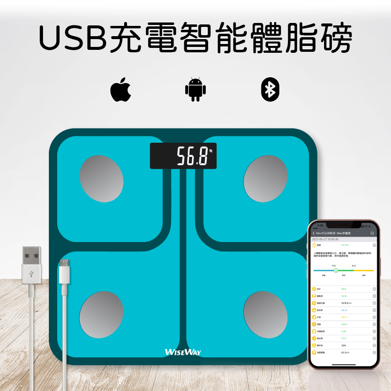 Wiseway USB 充電智能電子藍牙體脂磅 脂肪秤 人體稱 (WCF871BT)