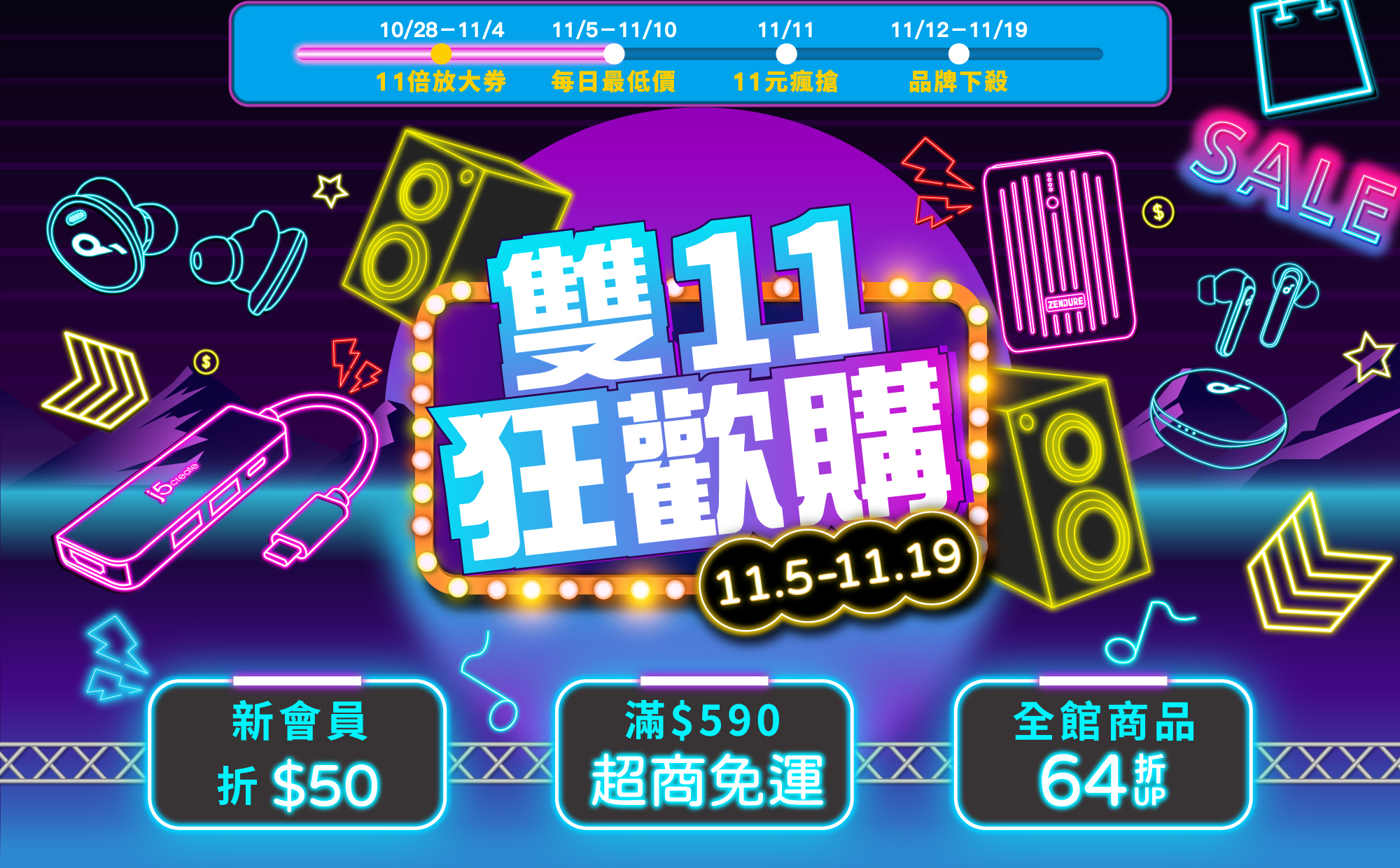 11/5-11/19 UBStore 雙11狂歡購,新會員折$50,滿$590超商免運,全館64折起