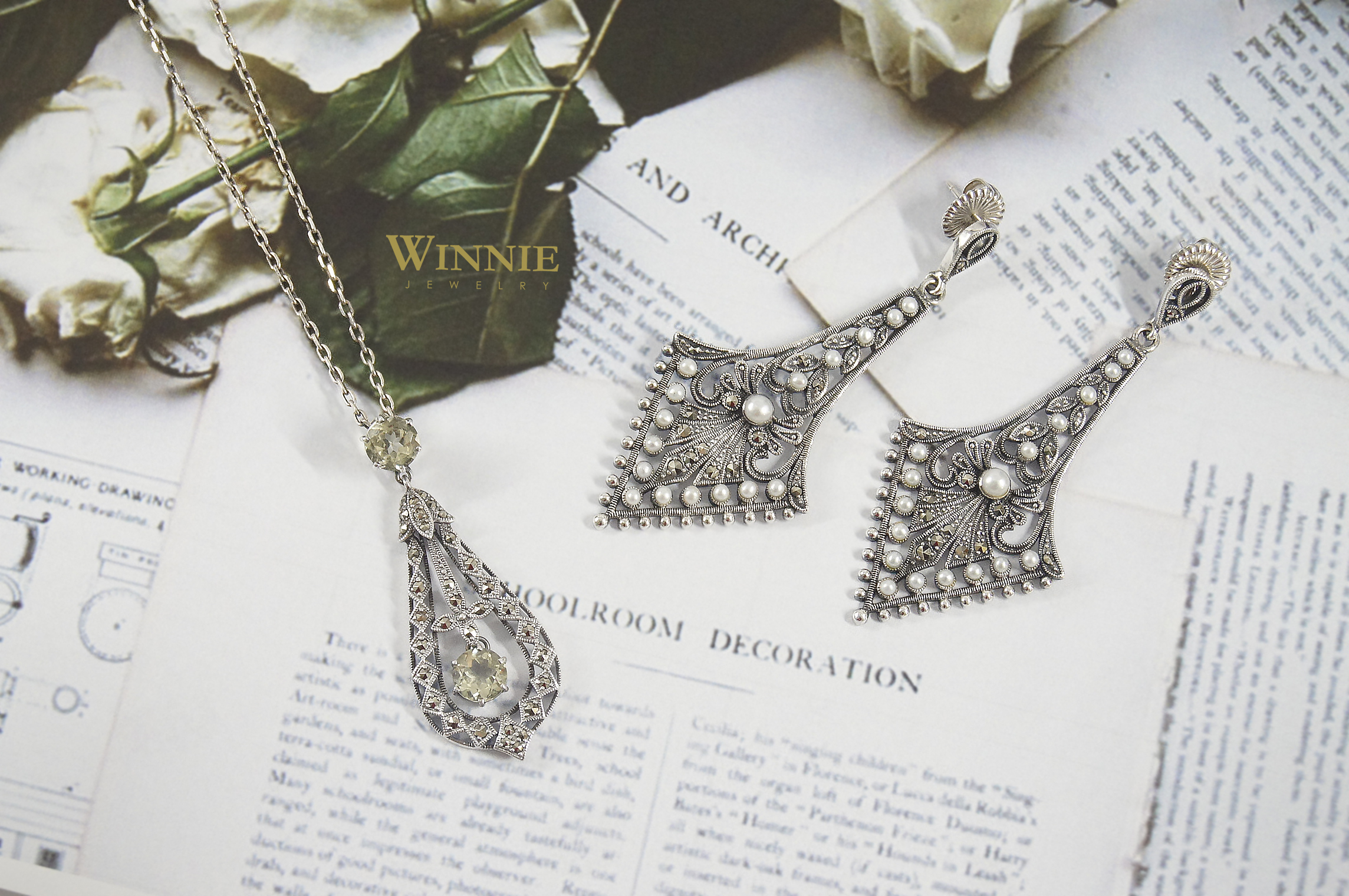 尖蕾絲片珍珠耳環