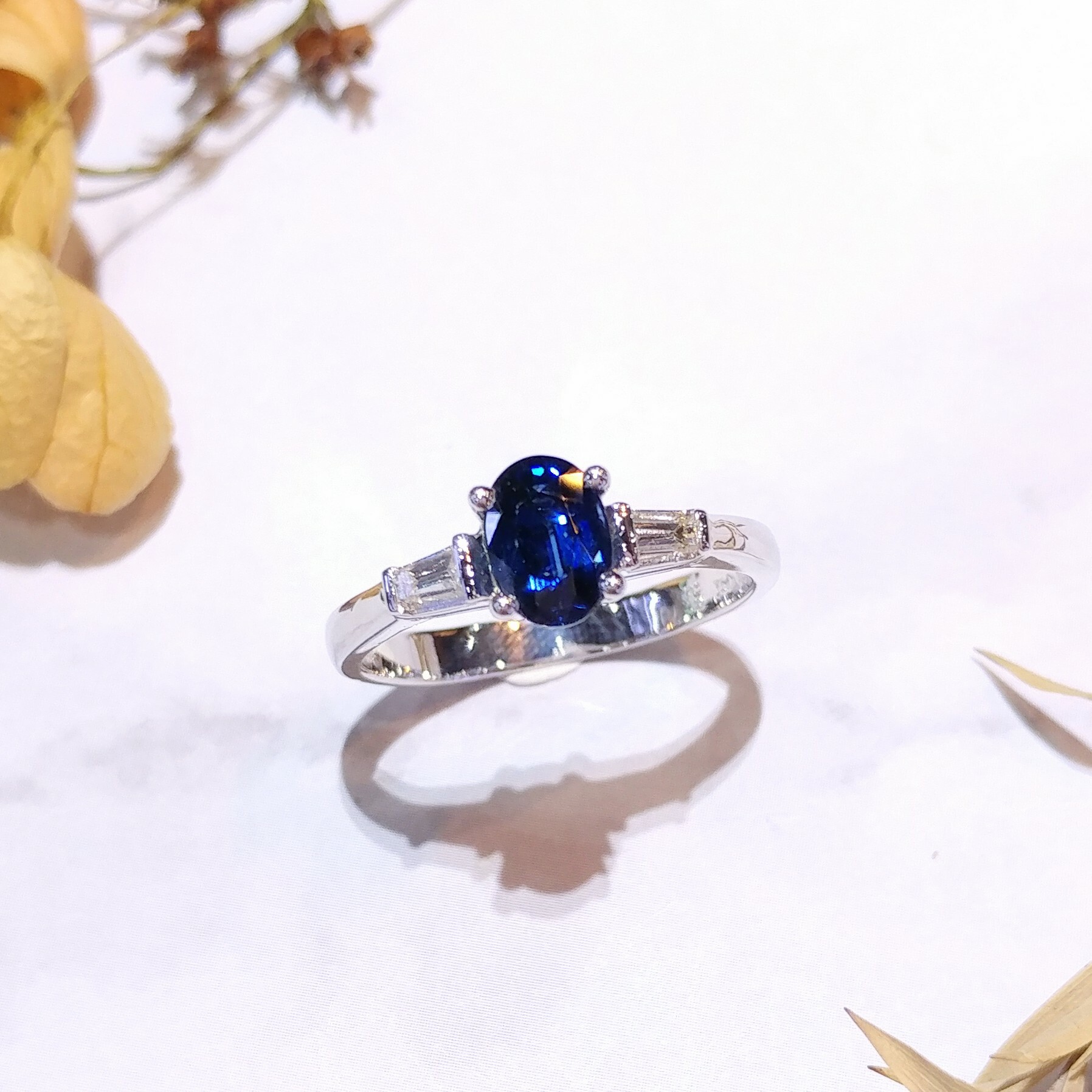 18K White Gold 0.98ct Tapered Cut Sapphire and Diamond Ring