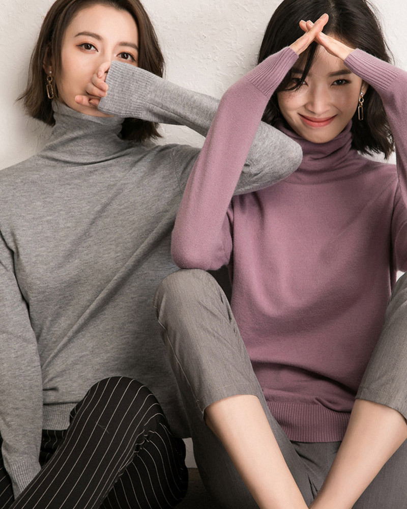 DEER.W 捲邊高領純色針織上衣