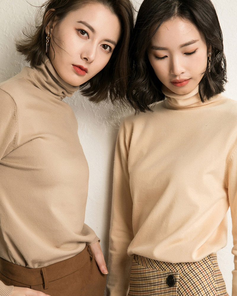 DEER.W 捲邊高領純色針織上衣