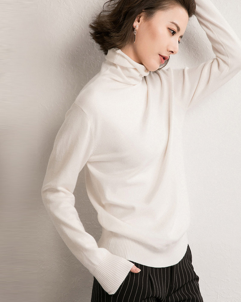 DEER.W 捲邊高領純色針織上衣 白色