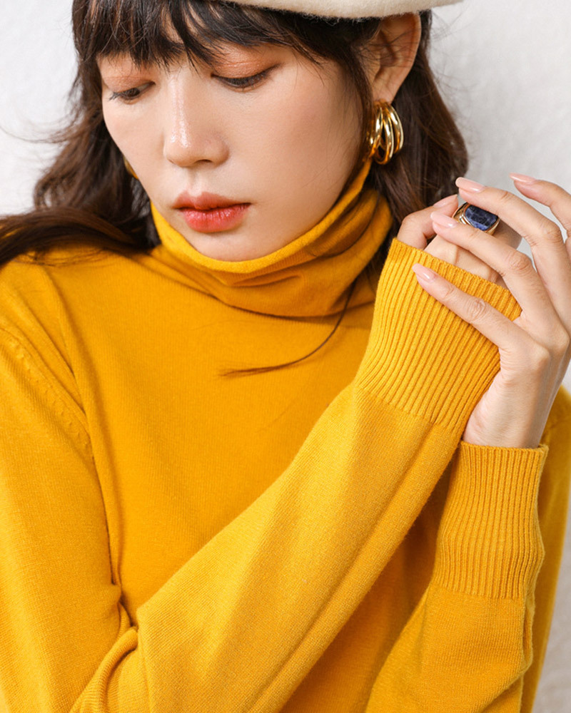 DEER.W 捲邊高領純色針織上衣 薑黃