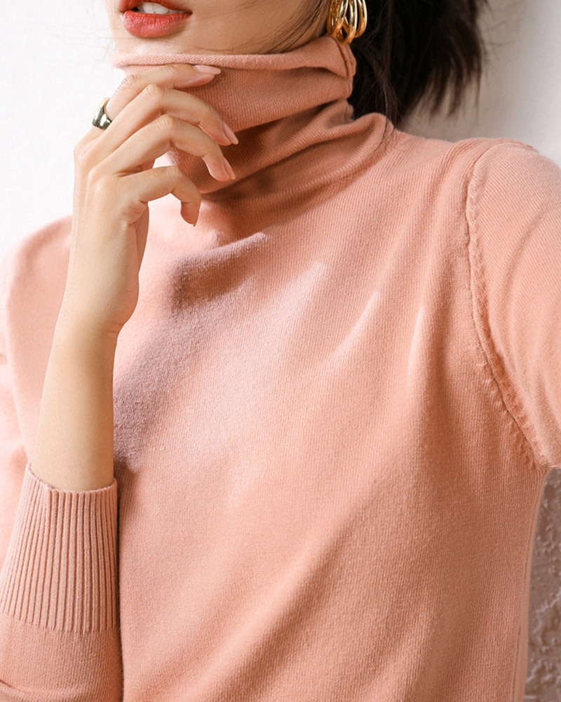 DEER.W 捲邊高領純色針織上衣 粉色