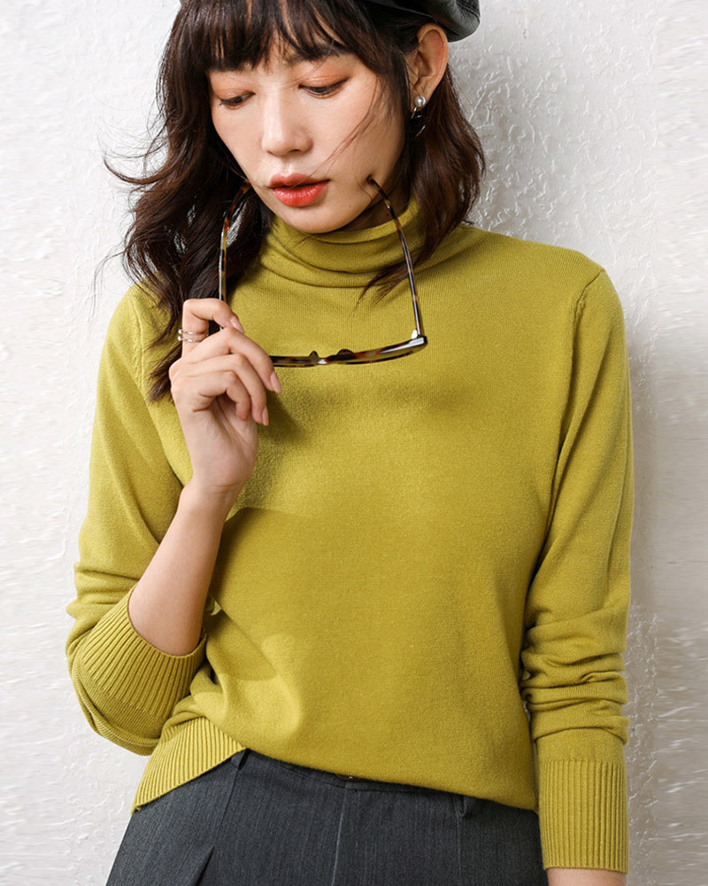DEER.W 捲邊高領純色針織上衣 綠色