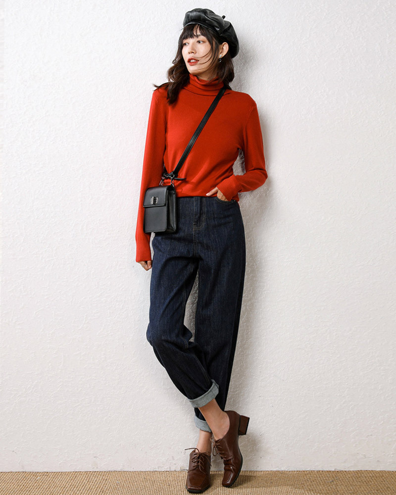 DEER.W 捲邊高領純色針織上衣 紅色