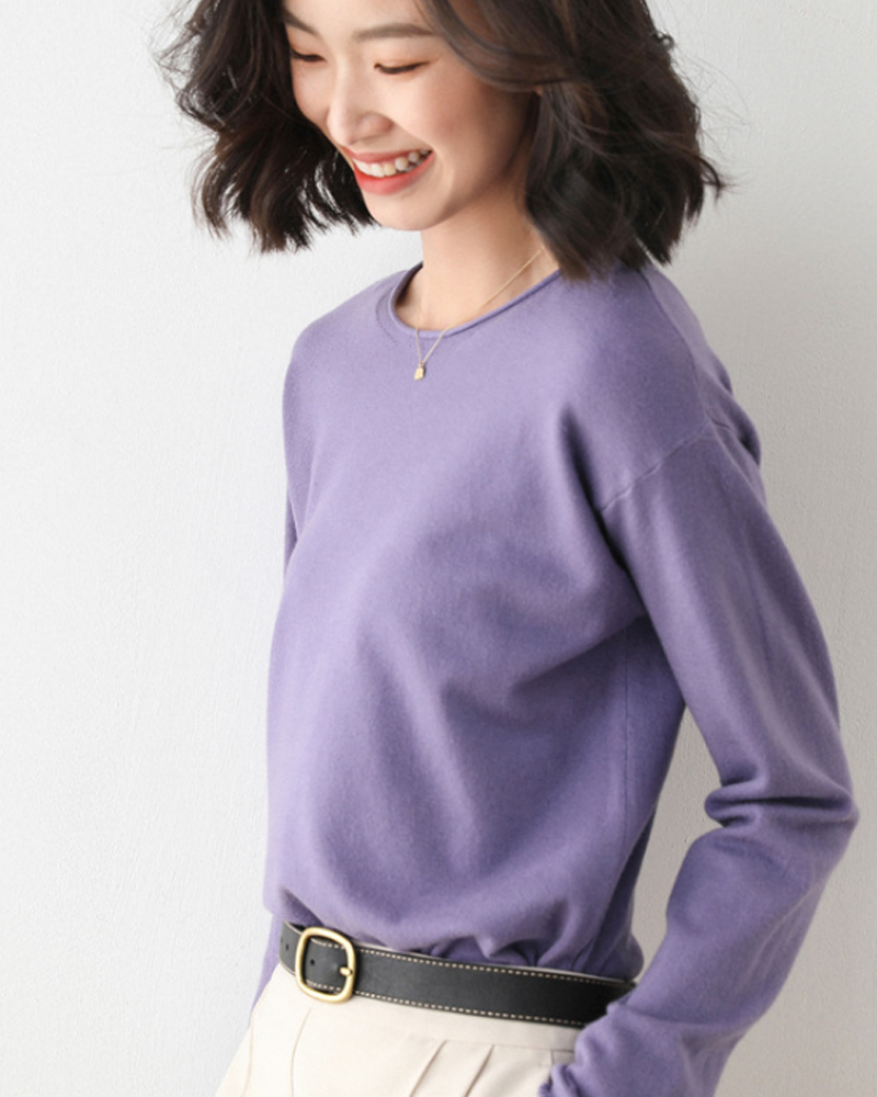 DEER.W 圓領羅紋混紡針織上衣 紫色