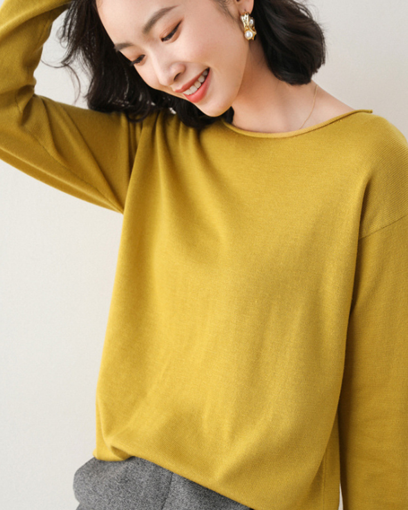 DEER.W 圓領羅紋混紡針織上衣 暗黃