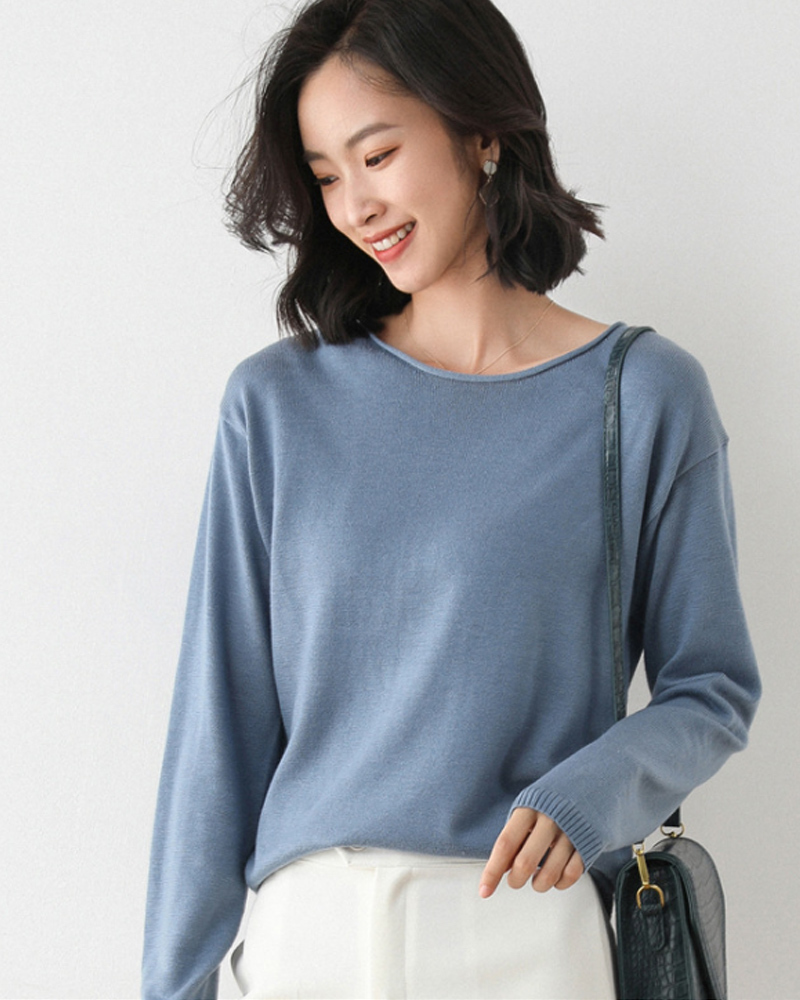 DEER.W 圓領羅紋混紡針織上衣 灰藍