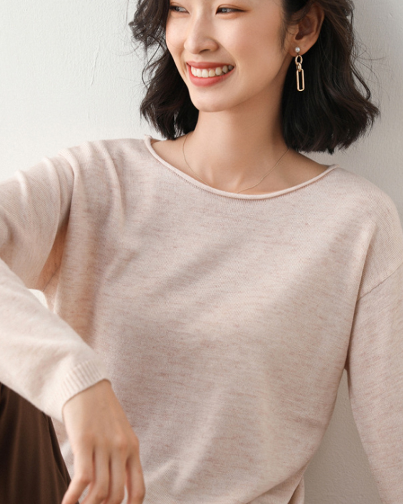 DEER.W 圓領羅紋混紡針織上衣 米杏