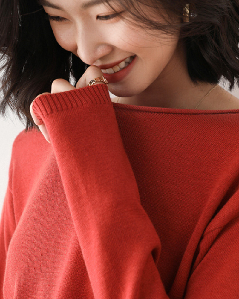 DEER.W 圓領羅紋混紡針織上衣 銹紅