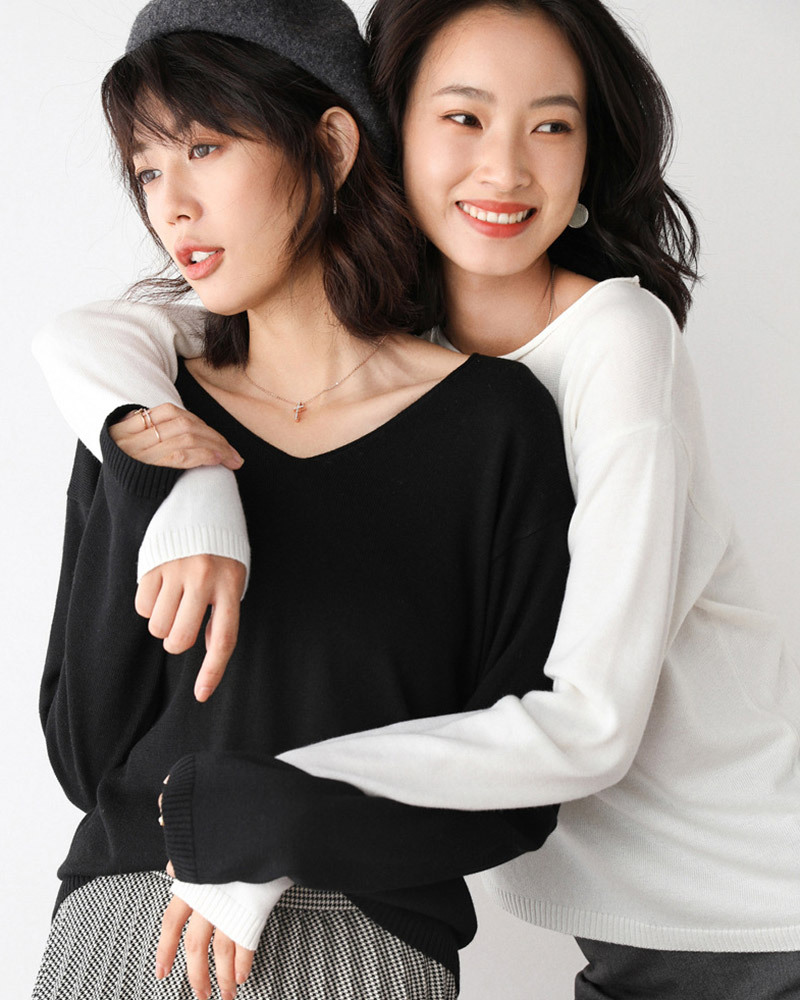 DEER.W V&圓領羅紋混紡針織上衣