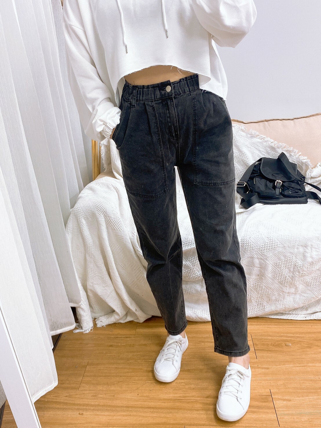 超彈超修飾的!!腰鬆緊車線大口袋男友褲(預購)