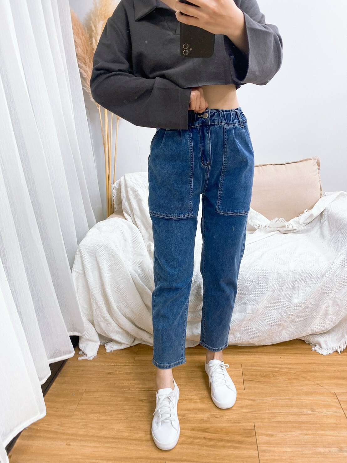 超彈超修飾的!!腰鬆緊車線大口袋男友褲(預購)