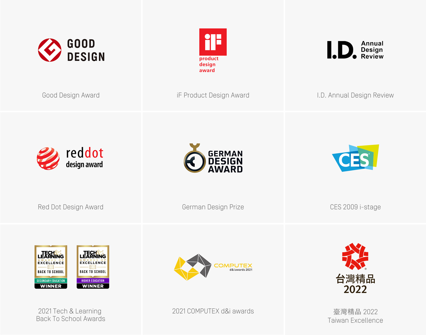 Good Design Award、iF Product Design Award、I.D. Annual Design Review、Red Dot Design Award、German Design Prize、CES 2009 i-stage、2021 Tech & Learning Back To School Awards、2021 COMPUTEX d&i awards、臺灣精品 2022 Taiwan Excellence