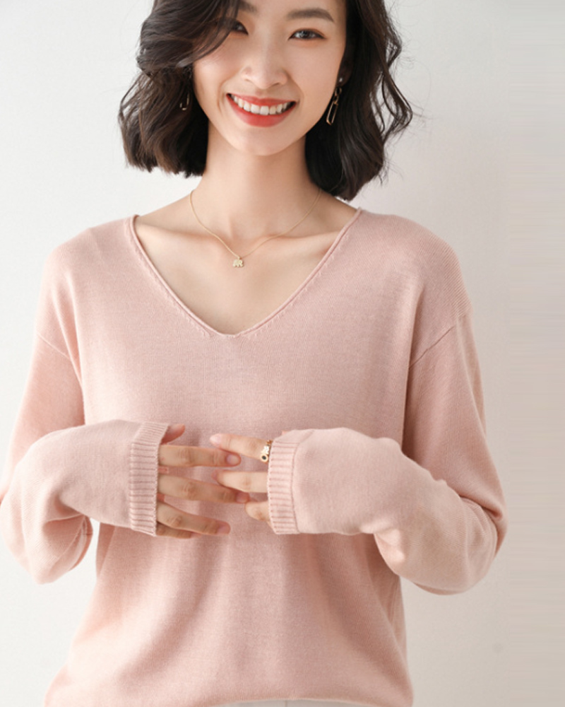 DEER.W V領羅紋混紡針織上衣 霧粉