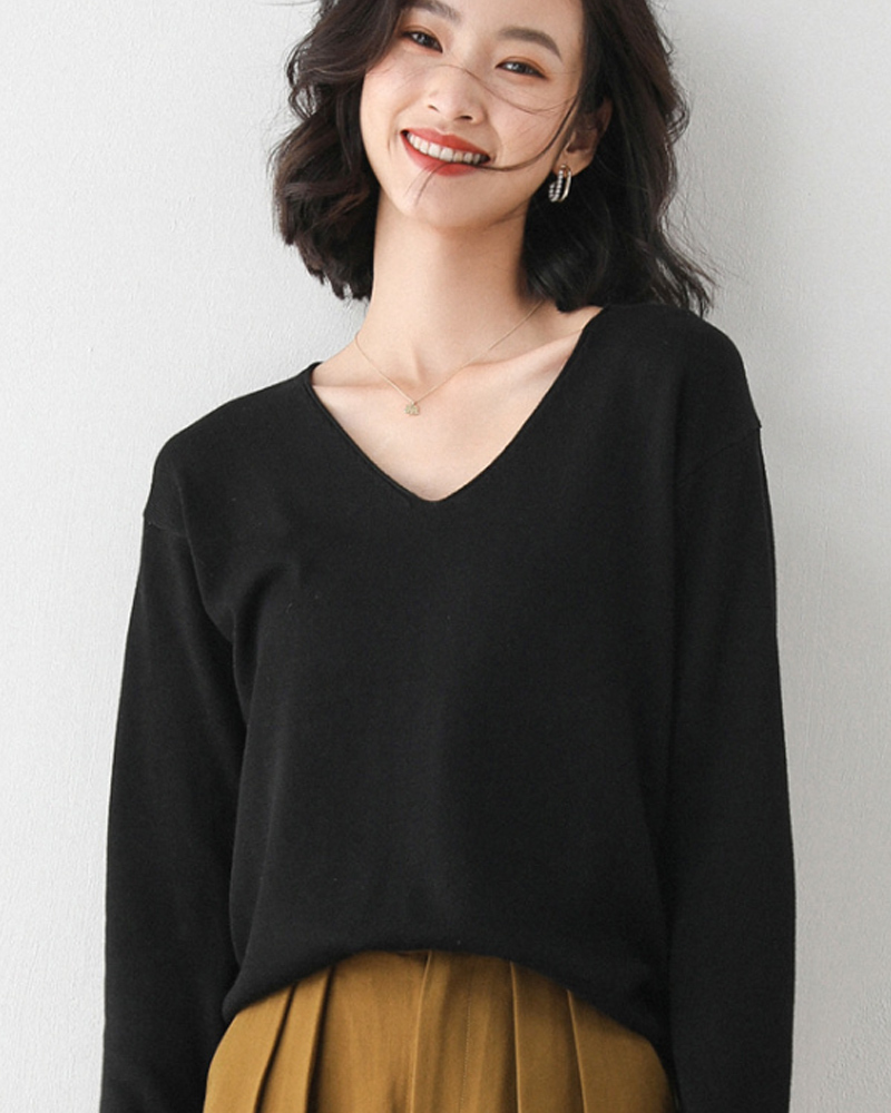 DEER.W V領羅紋混紡針織上衣 黑色