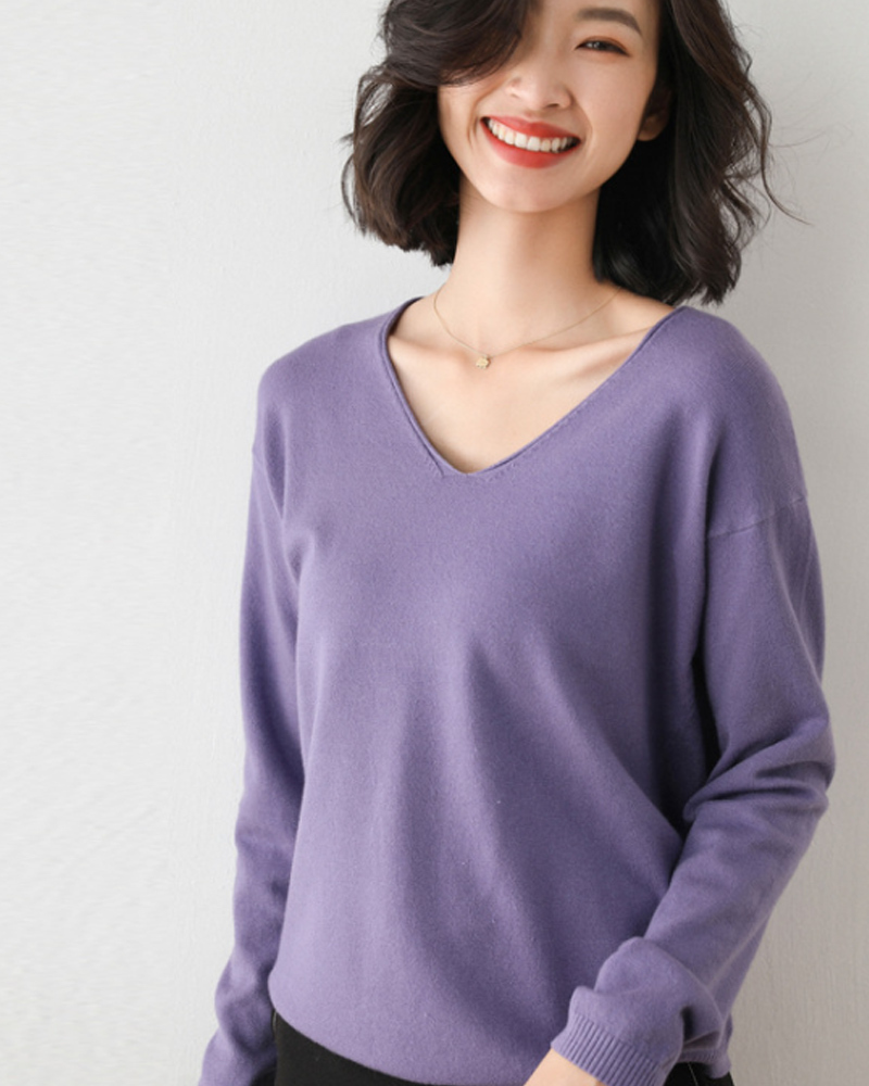 DEER.W V領羅紋混紡針織上衣 紫色