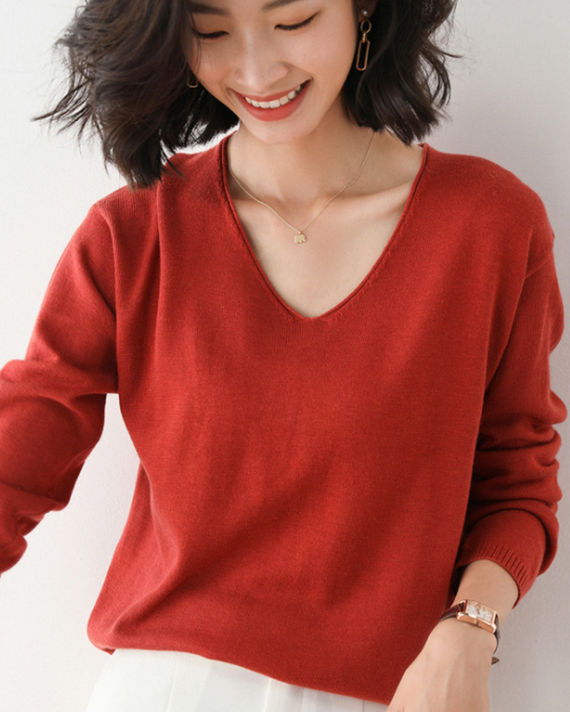 DEER.W V領羅紋混紡針織上衣 銹紅