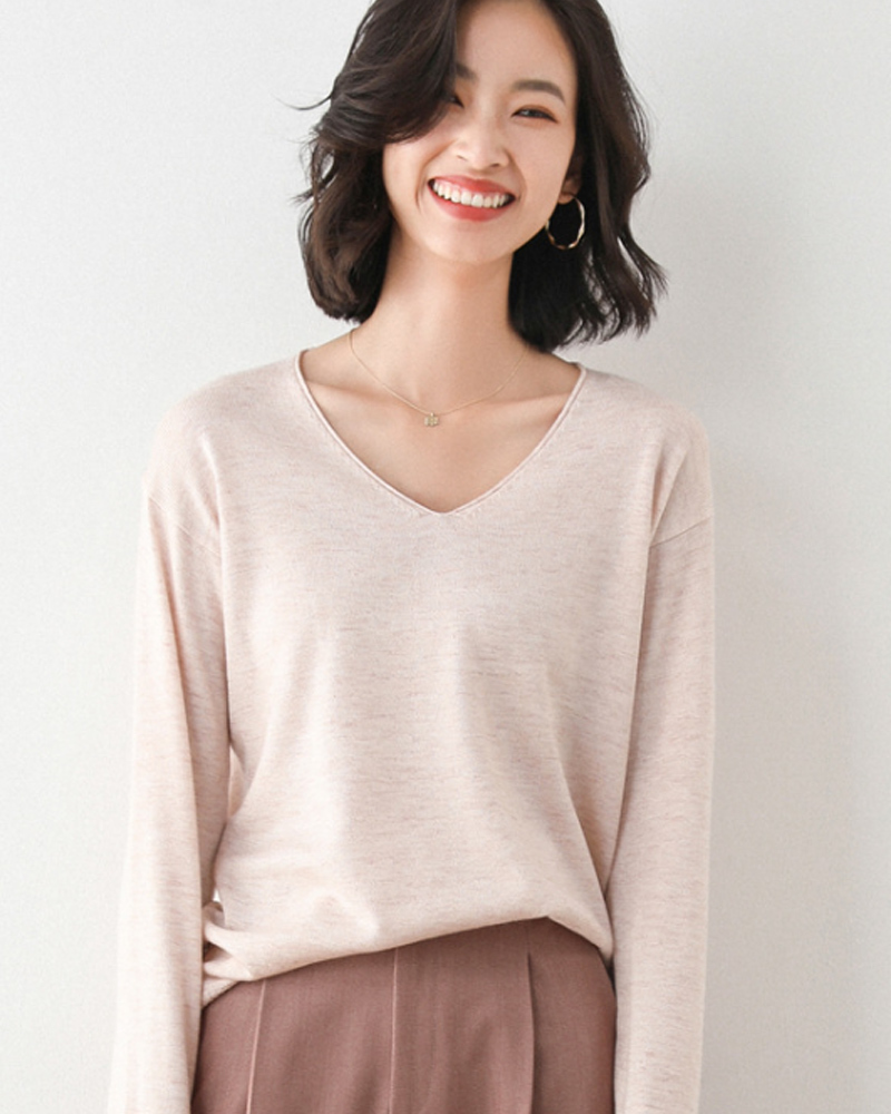 DEER.W V領羅紋混紡針織上衣 米杏