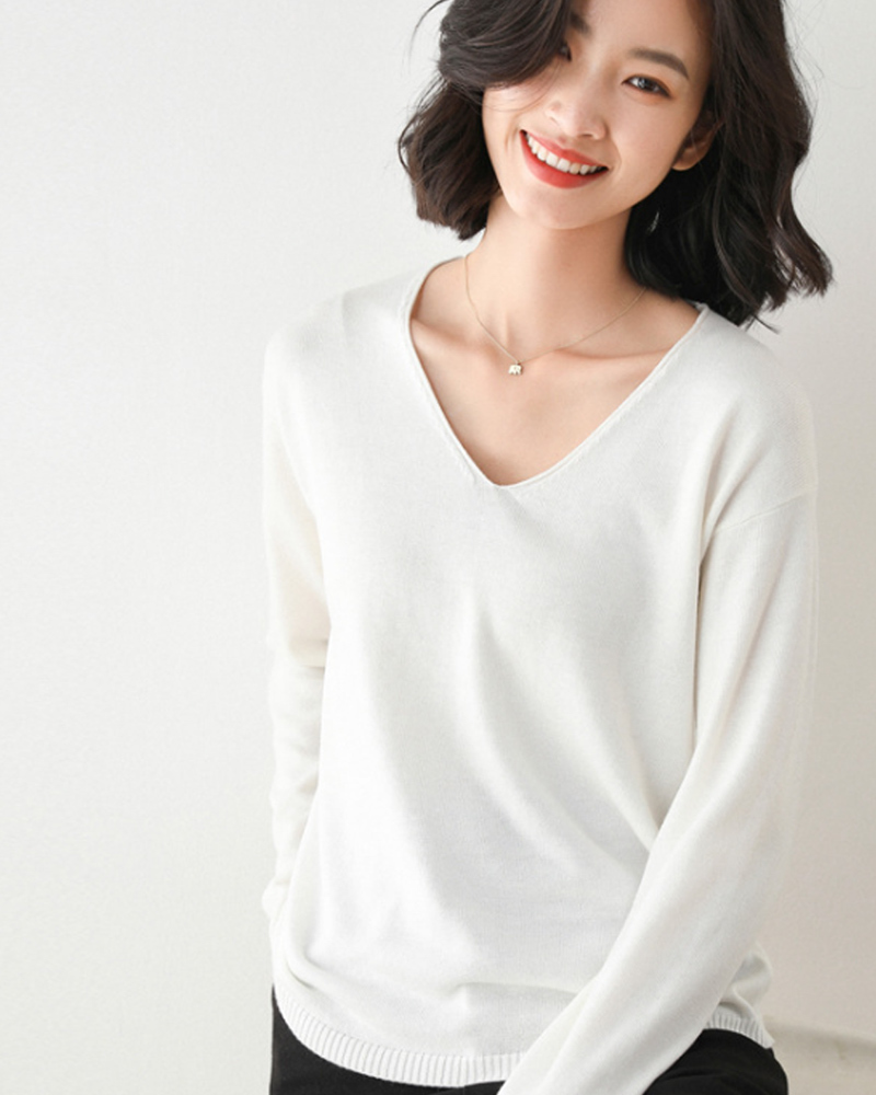 DEER.W V領羅紋混紡針織上衣 白色