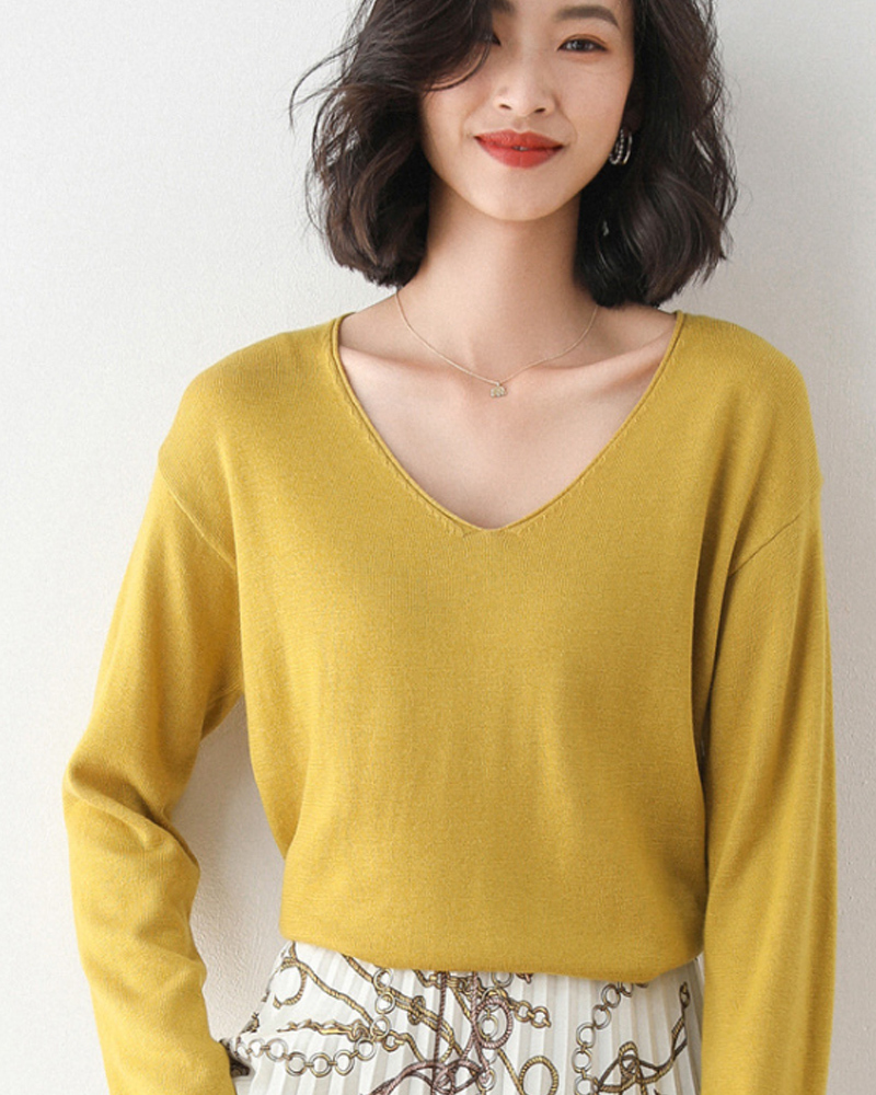 DEER.W V領羅紋混紡針織上衣 暗黃