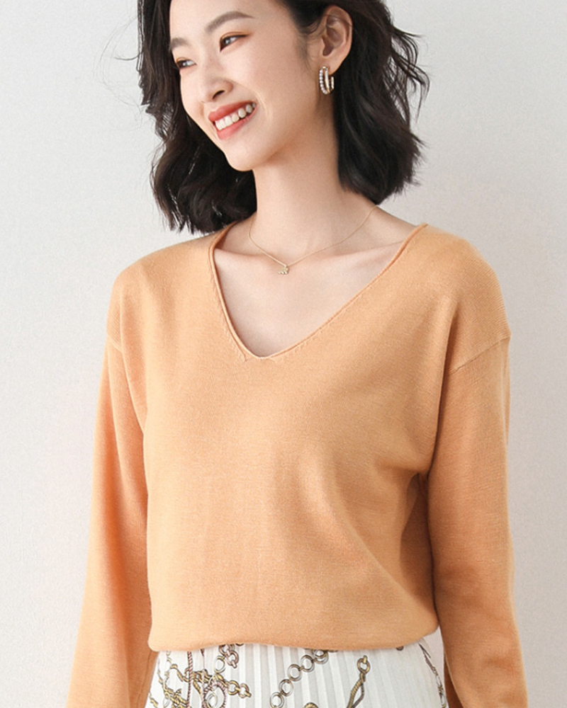 DEER.W V領羅紋混紡針織上衣 橙色