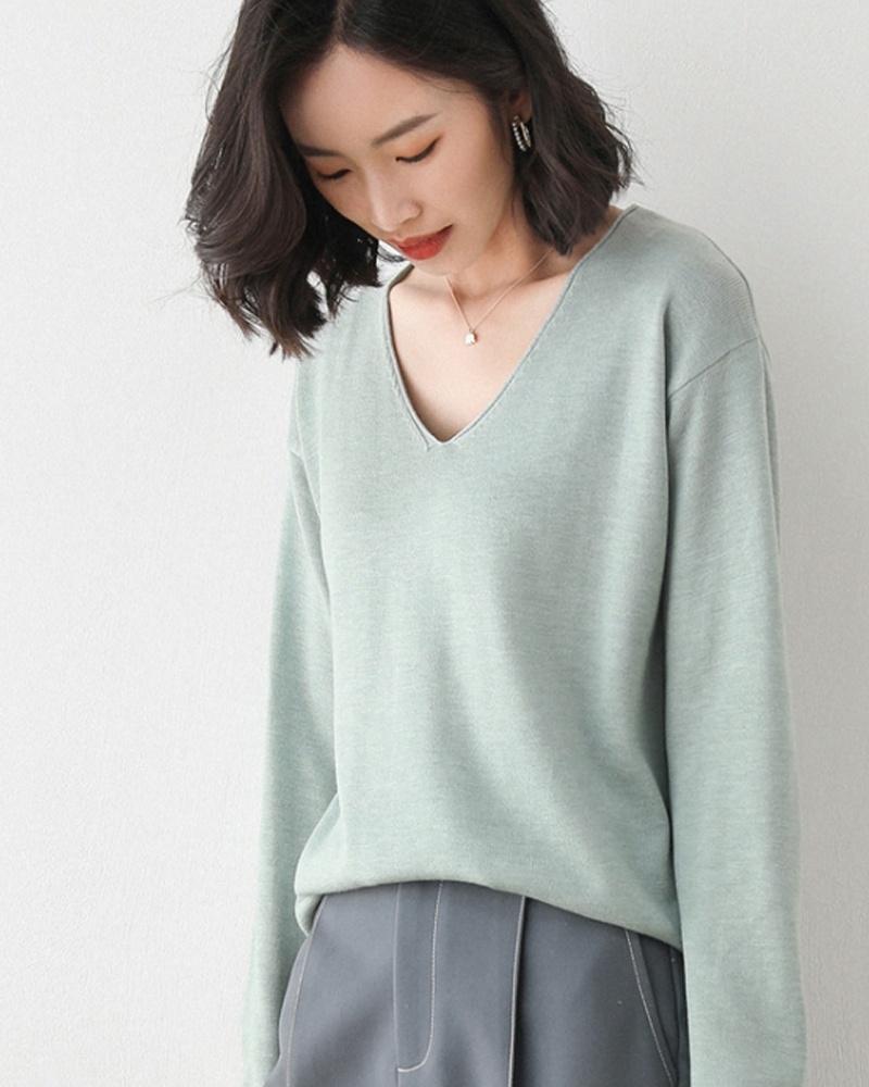 DEER.W V領羅紋混紡針織上衣 淺綠