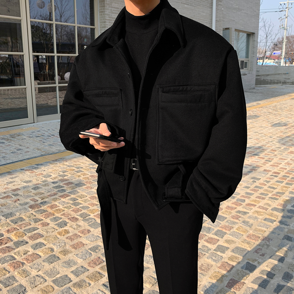 寬鬆毛呢短版夾克 / 黑 / 不提供退換貨