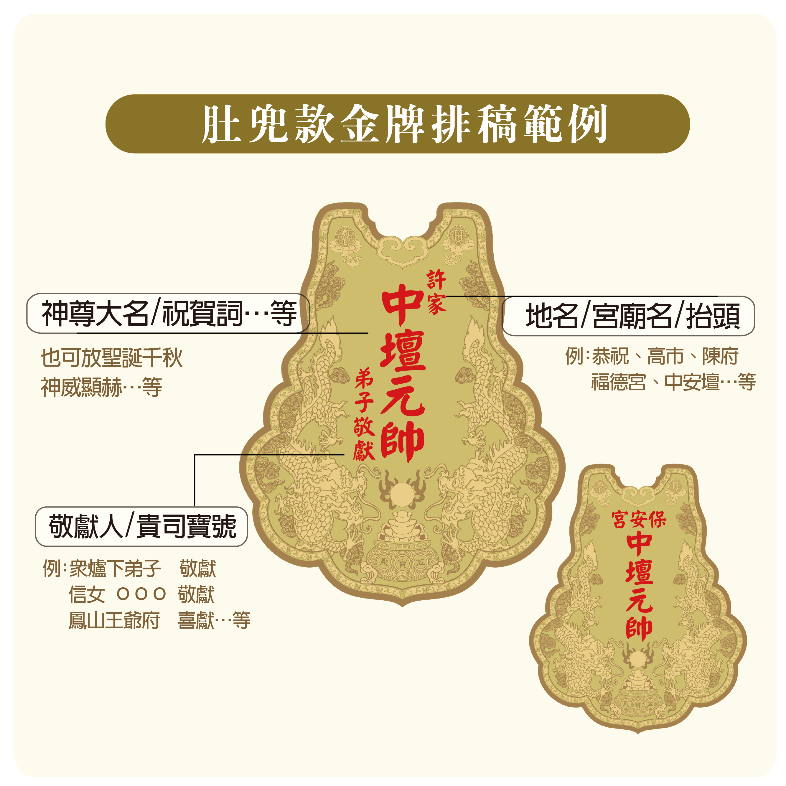 【4吋 雙龍肚兜款 】＊客製化神明金牌＊