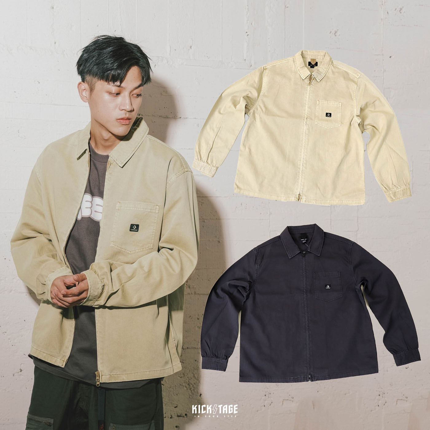 <特價，不退換> CONVERSE WOVEN ZIPPER 墨黑色 卡其色 黑標 拉鍊 水洗 口袋襯衫【10022303-A01】