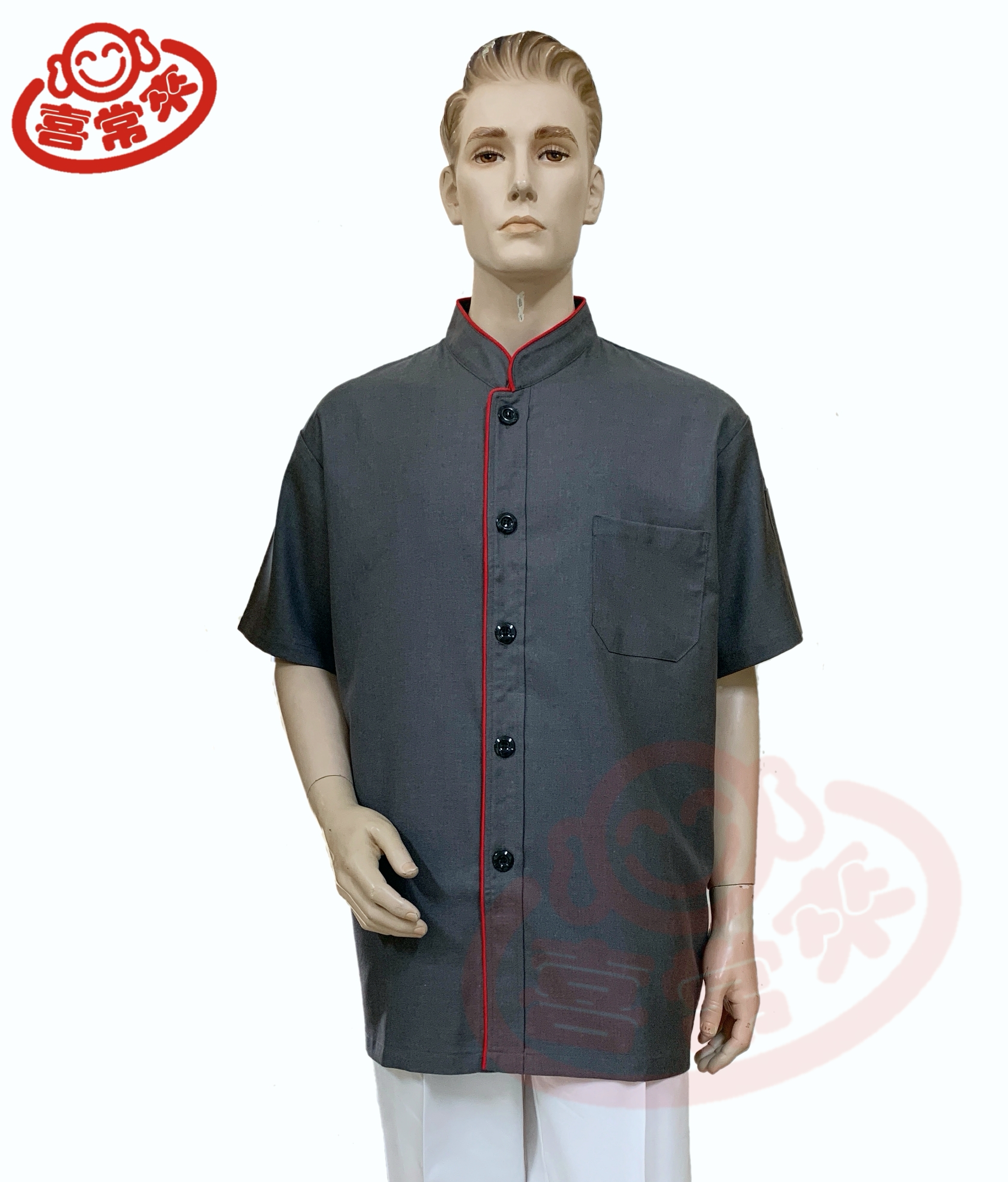 訂製款廚師服-灰.滾紅單黑釦