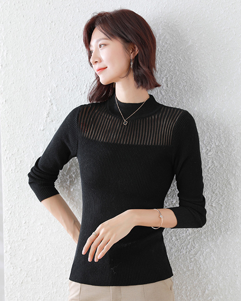 【零碼出清不退換】半高領網紗拼接針織上衣 四色