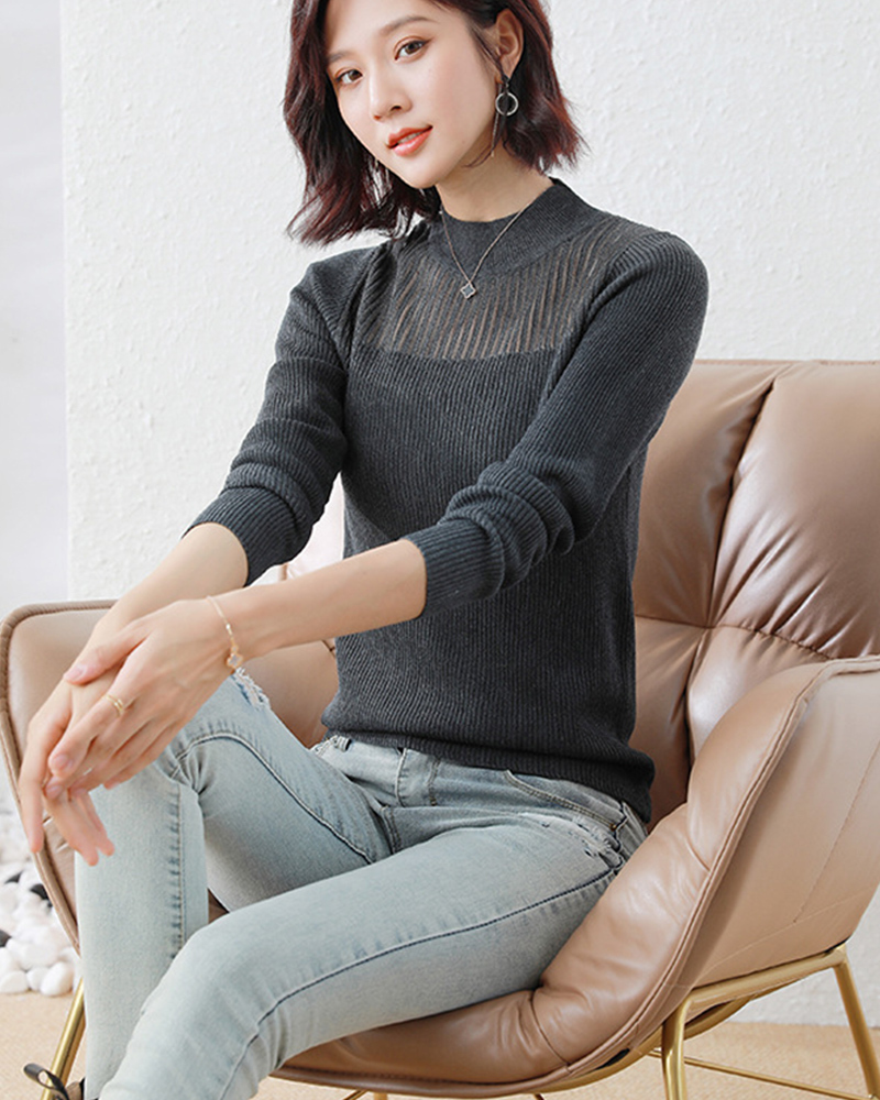 DEER.W 半高領網紗拼接針織上衣 碳灰