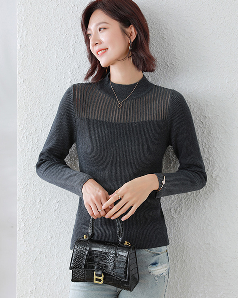 DEER.W 半高領網紗拼接針織上衣 碳灰