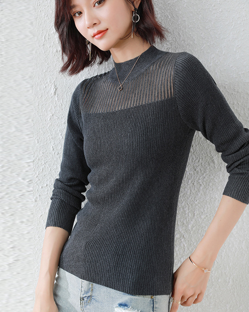 DEER.W 半高領網紗拼接針織上衣 碳灰