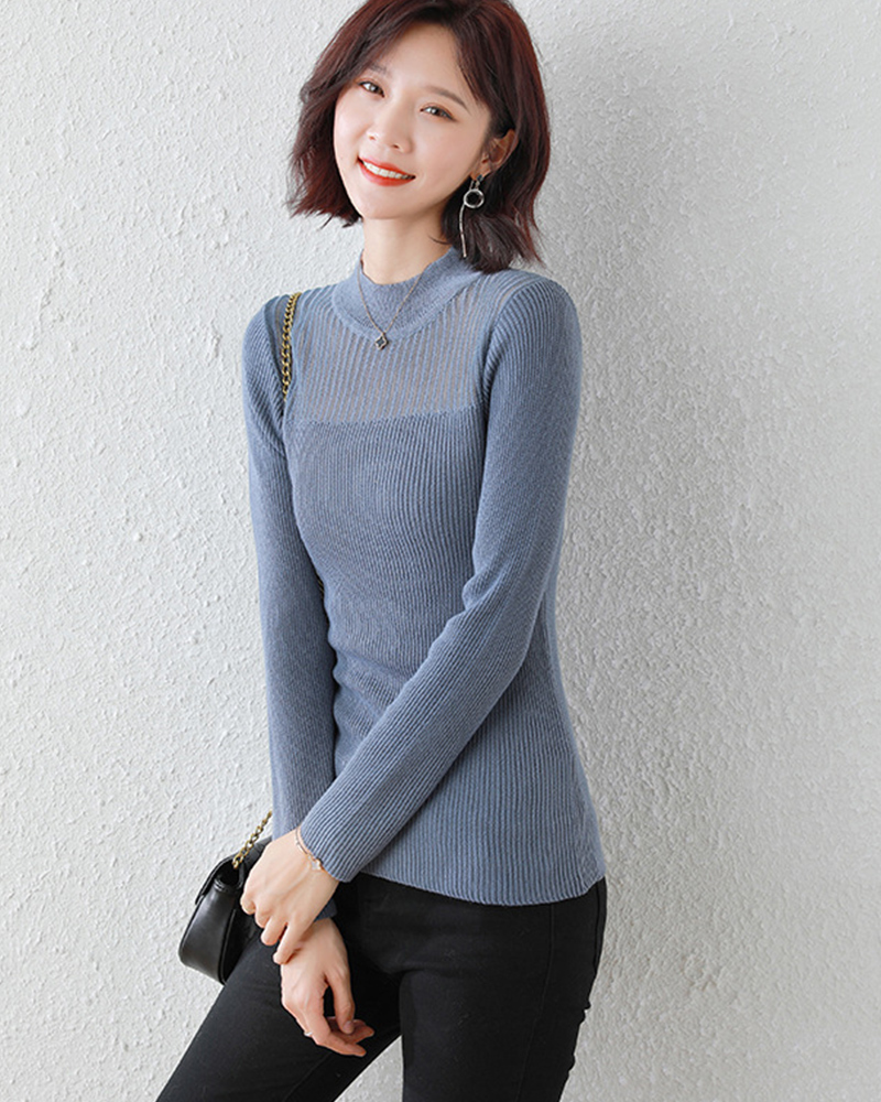 DEER.W 半高領網紗拼接針織上衣 灰藍